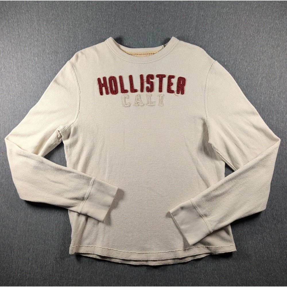 Vtg Hollister Shirt Sz L Ivory Waffle Knit Thermal Embroidered Preppy Y2K Grunge